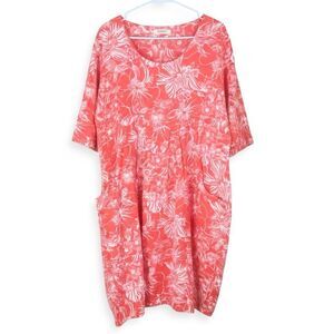 Woolovers Coral Floral Linen Shift Dress US 14 Pockets Short Sleeve